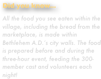 Did you know...
All the food you see eaten within the village, including the bread from the marketplace, is made within Bethlehem A.D.’s city walls. The food is prepared before and during the three-hour event, feeding the 300-member cast and volunteers each night!